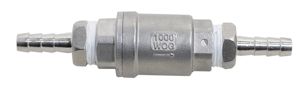 Half Inch NPT by Three Quarter's Inch Barbed Stainless Steel Check Valve, Back View