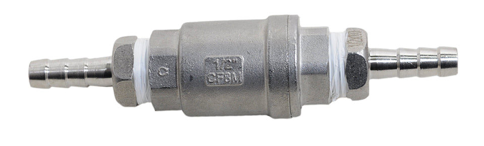 Half Inch NPT by Three Quarter's Inch Barbed Stainless Steel Check Valve, Front View