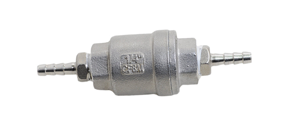 Quarter Inch NPT by Quarter Inch Barb Stainless Steel Check Valve, Back View