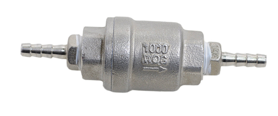 Quarter Inch NPT by Quarter Inch Barb Stainless Steel Check Valve, Front View